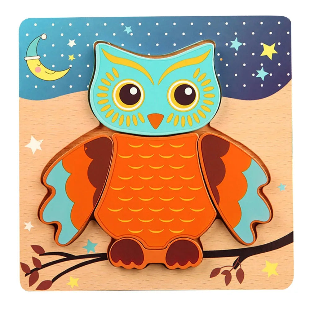 A wooden owl puzzle featuring bright orange and teal colors against a blue background with stars and a crescent moon.