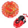 Red and orange metal spinning top battle set with a string launcher