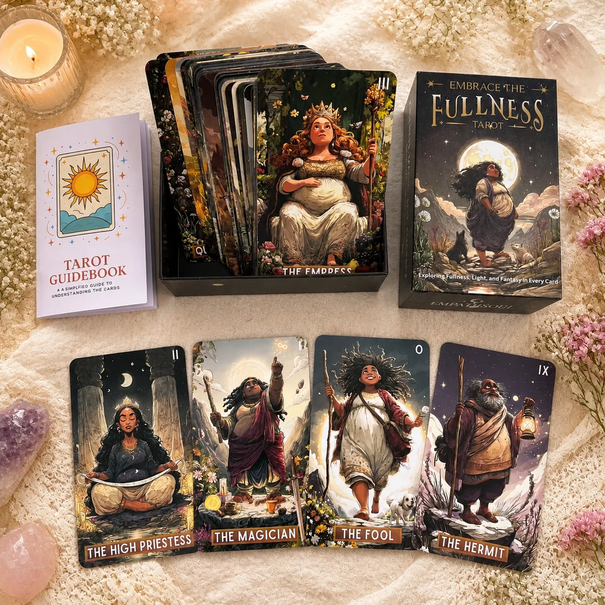 Embrace the Fullness Tarot deck and guidebook displayed next to crystals and flowers.