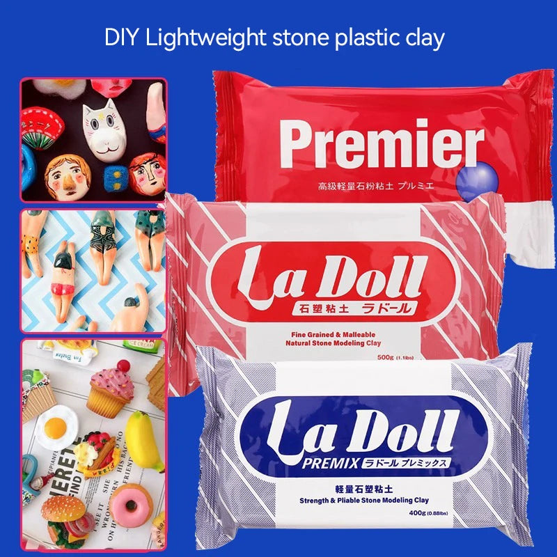 A package of Premier, La Doll, and Premix lightweight stone plastic clay for sculpting and modeling.