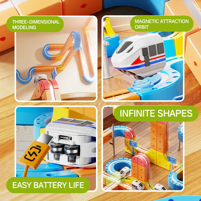 A magnetic building blocks train set featuring a 3D track and various shapes for construction.