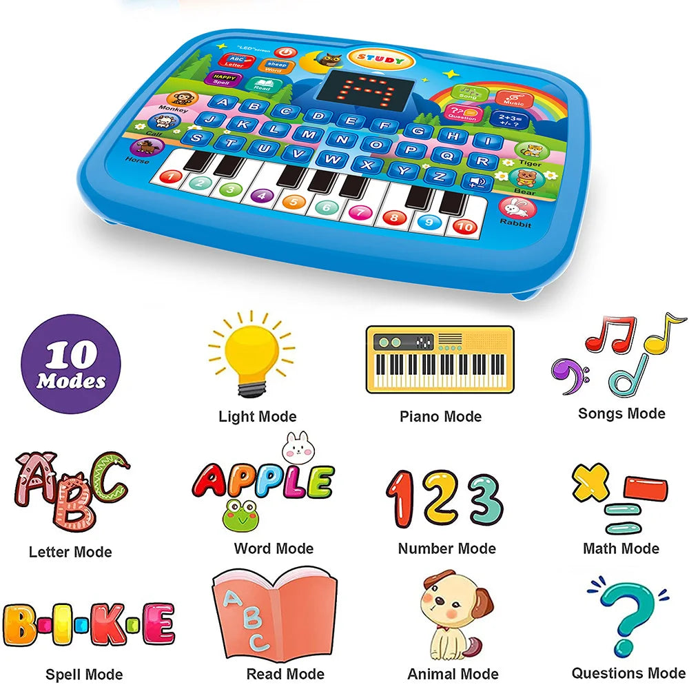 Tablette éducative bleue interactive avec plusieurs modes : piano, lettres, chiffres et animaux