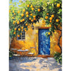 A painting of a vibrant yellow house with lush green vines bearing bright yellow lemons.