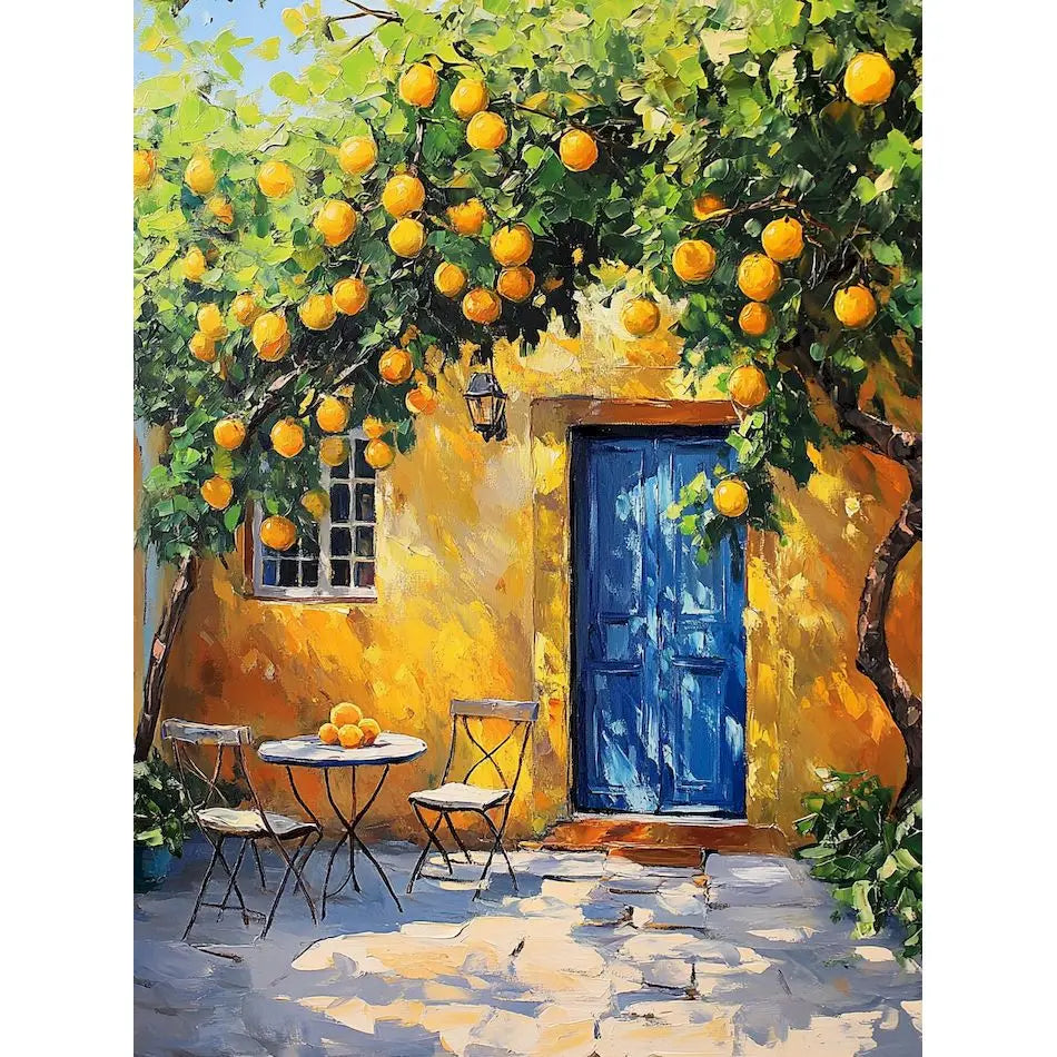 A painting of a vibrant yellow house with lush green vines bearing bright yellow lemons.