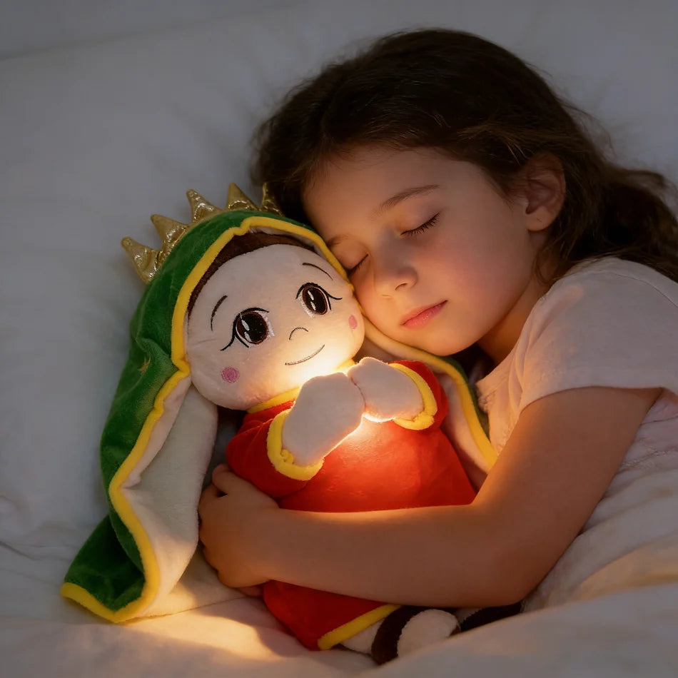 A young girl is gently holding a plush toy shaped like a green and yellow hooded figure with a crown, illuminated by a warm l