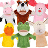 A set of soft plush animal hand puppets featuring various animals like a horse, bulldog, pink elephant, yellow duck, frog, an