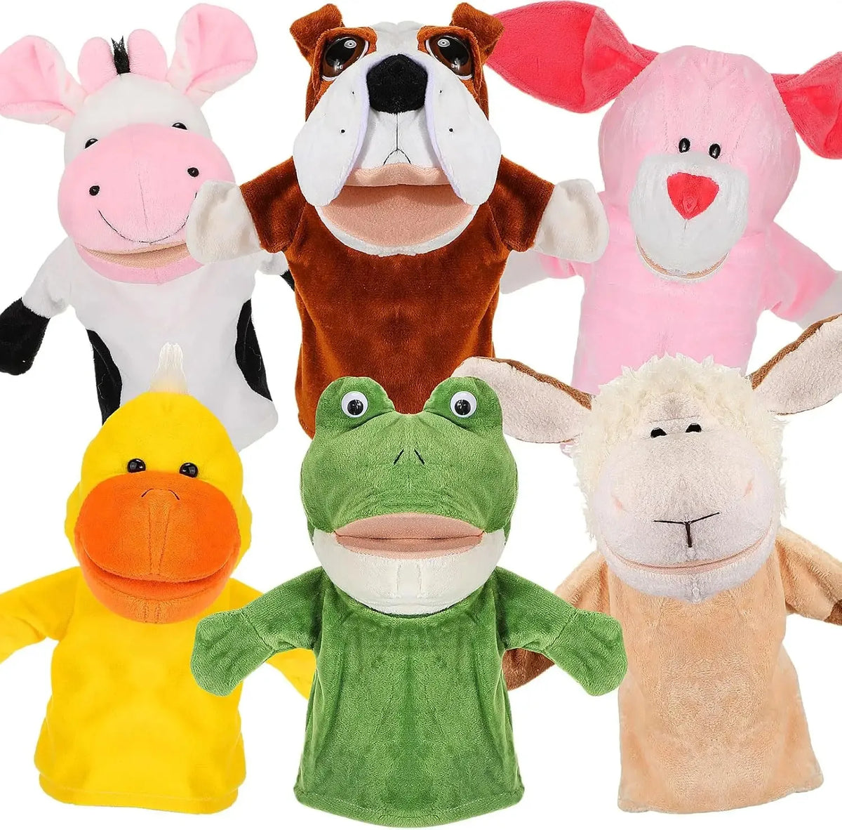A set of soft plush animal hand puppets featuring various animals like a horse, bulldog, pink elephant, yellow duck, frog, an