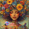A woman's face is adorned with a vibrant floral crown, featuring detailed diamond painting artwork.