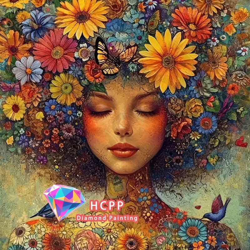 A woman's face is adorned with a vibrant floral crown, featuring detailed diamond painting artwork.