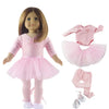 A doll wearing a pink outfit set consisting of a top and a ruffled skirt.