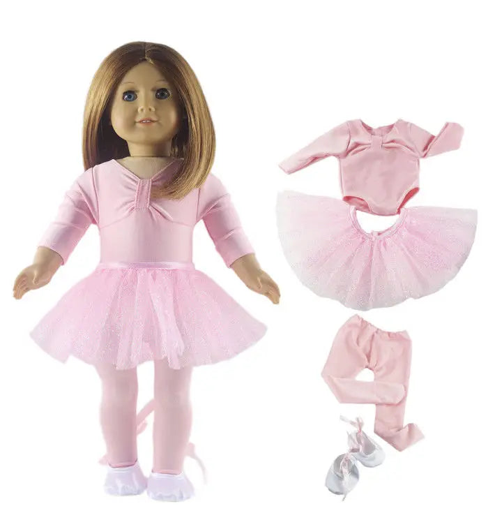 A doll wearing a pink outfit set consisting of a top and a ruffled skirt.