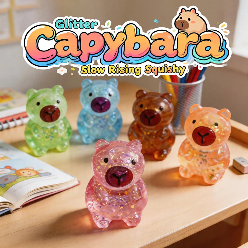 A pink glitter capybara slow rising squishy toy resting on a wooden table next to other items.