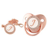 Rose gold bling baby pacifier clip with silicone holder featuring a jeweled letter J