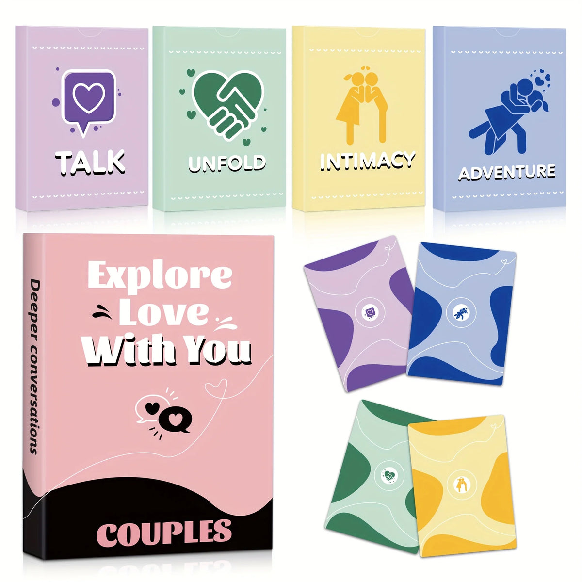 A set of colorful cards for a couples conversation game featuring themes like Talk, Unfold, Intimacy, and Adventure.