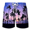 Men's beach swim shorts with a tropical coconut tree print and a white ribbon detail