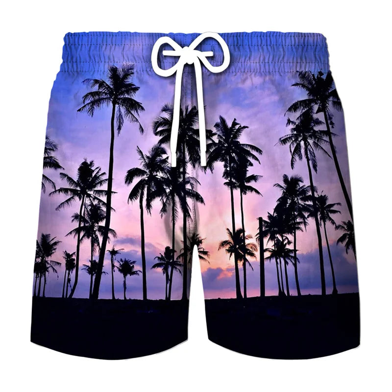 Men's beach swim shorts with a tropical coconut tree print and a white ribbon detail