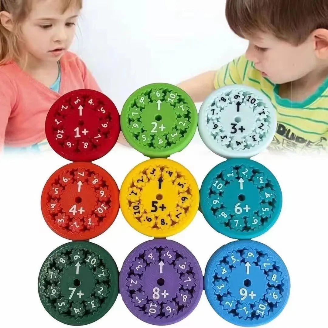 A set of nine colorful math fidget spinners showing multiplication practice for kids.