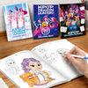 A spread from an anime girls coloring book featuring characters Lumi, Mila, and Zoi in a demon hunters theme.