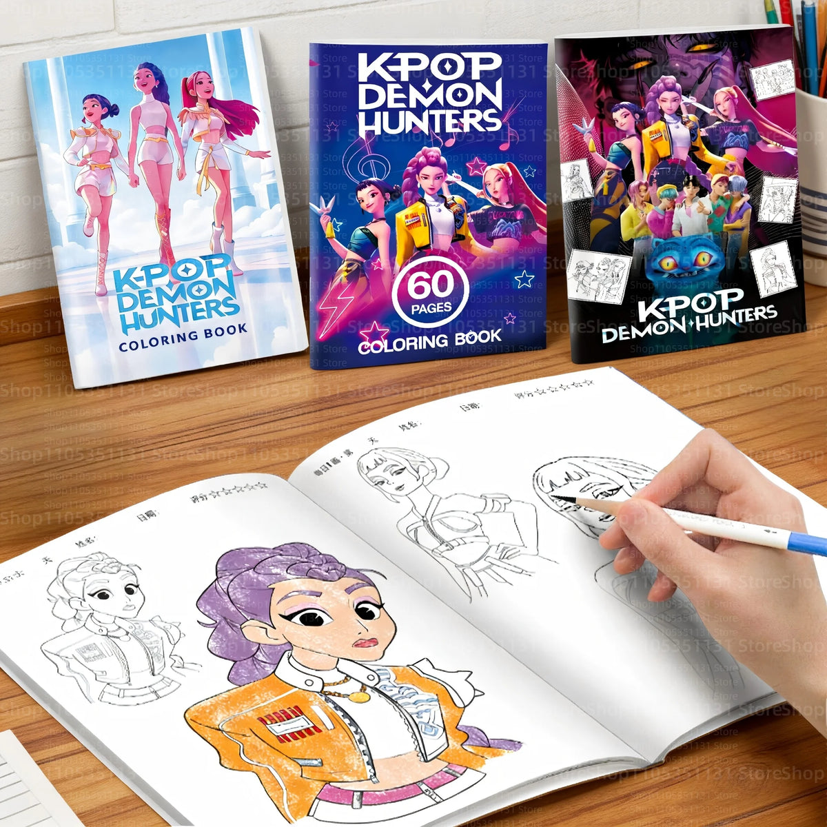 A spread from an anime girls coloring book featuring characters Lumi, Mila, and Zoi in a demon hunters theme.