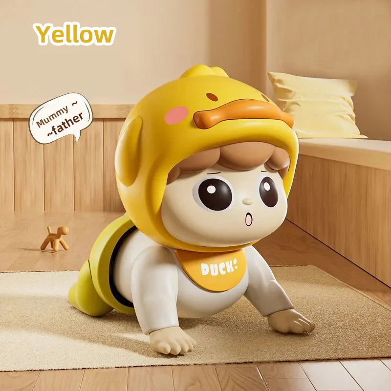 A yellow baby doll dressed as a duck wearing a yellow helmet is shown crawling on a light-colored rug.