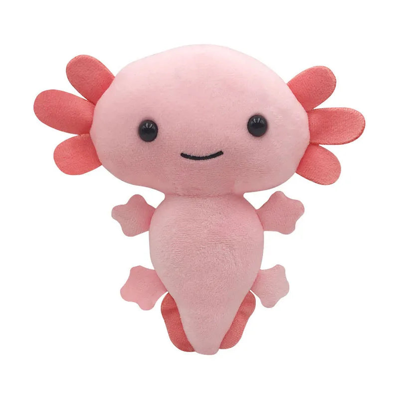 A soft pink axolotl plush toy with pink gills and a smiling face.