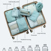 A set of travel packing cubes and storage bags in light blue and beige colors are displayed in a wooden tray.