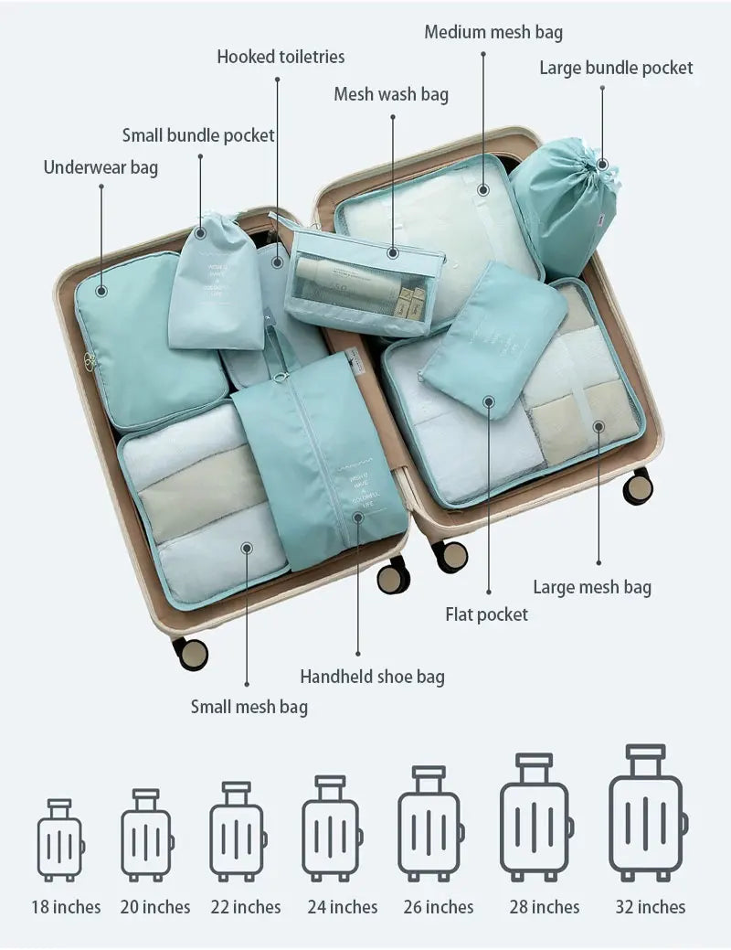 A set of travel packing cubes and storage bags in light blue and beige colors are displayed in a wooden tray.