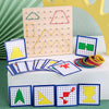 A set of Montessori wooden geometric shape peg boards and pattern cards featuring various colored shapes.