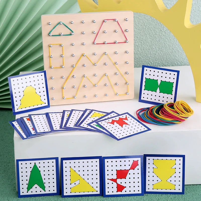 A set of Montessori wooden geometric shape peg boards and pattern cards featuring various colored shapes.