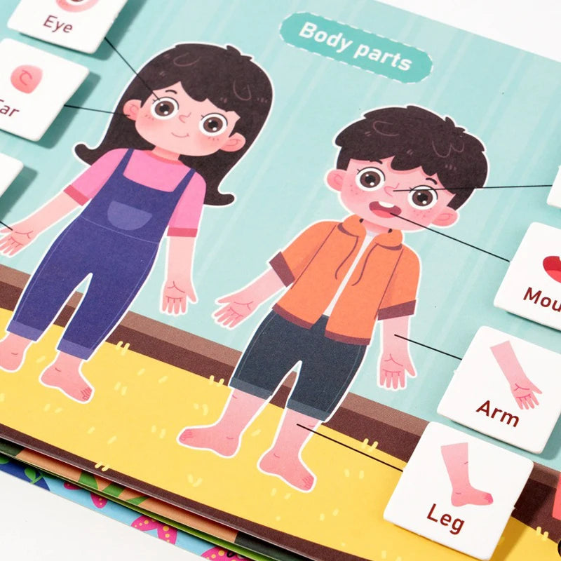 An interactive learning book showing two children and body parts with reusable stickers for toddlers.
