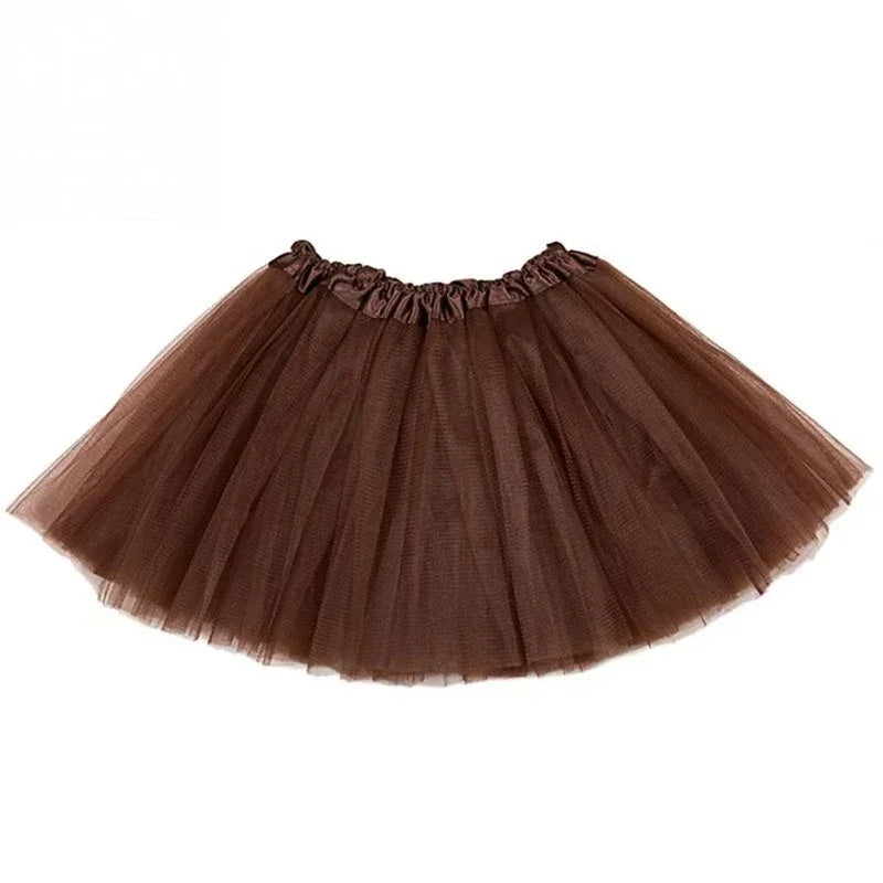 A brown tulle tutu skirt for girls with a ruffled waistband.