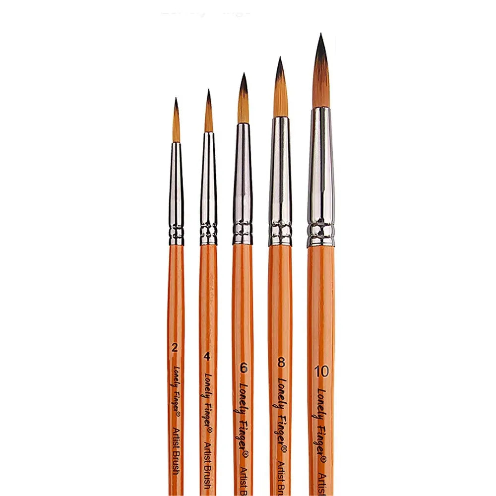 A set of ten round paint brushes with orange handles and black ferrules.