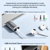 Two configurations of a USB audio adapter for connecting headphones and microphones.