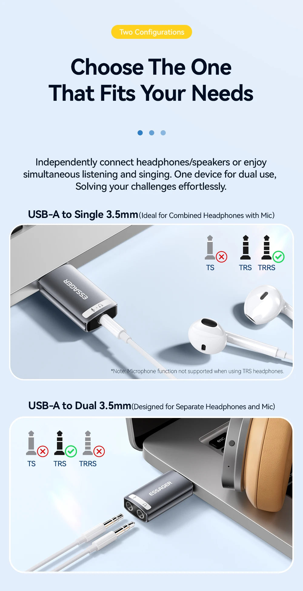 Two configurations of a USB audio adapter for connecting headphones and microphones.