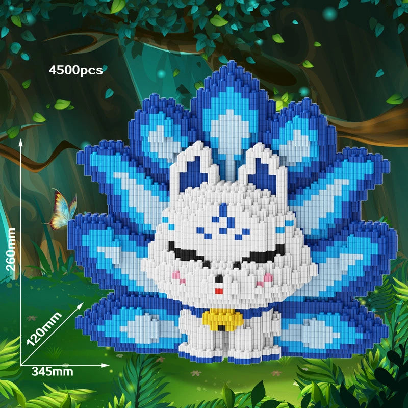 A white and blue Nine-Tailed Fox Minion figure made of building blocks set against a green forest background.