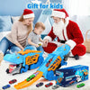 A set of dinosaur transport truck toys with transforming die-cast cars displayed in a bright indoor setting.