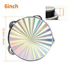 A 6-inch double row radiant tambourine with a shiny, iridescent finish and a measurement guide.