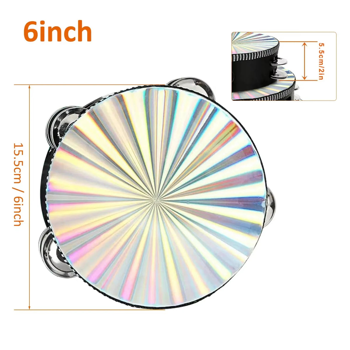 A 6-inch double row radiant tambourine with a shiny, iridescent finish and a measurement guide.