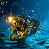 A detailed mechanical lantern fish model kit with gold and silver components floating in blue water.