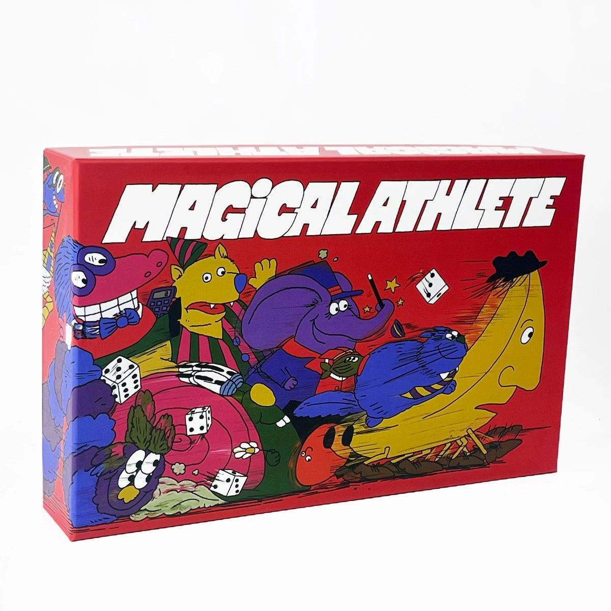 A box for the Magical Athlete racing board game featuring colorful illustrations of characters and text.
