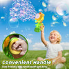 A young child is holding a yellow sunflower bubble blaster with LED lights, demonstrating its convenient handle design.