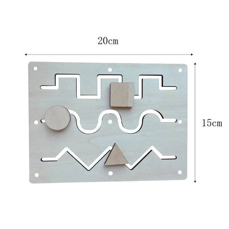 A wooden Montessori busy board featuring various sensory activities like sliding puzzles, wavy lines, and a square cutout.