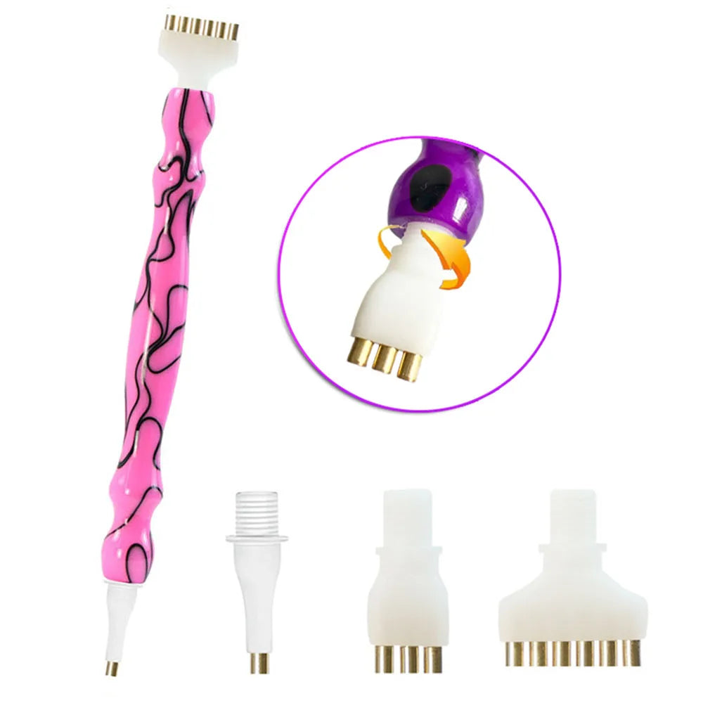 A set of diamond painting pens with interchangeable tips shown in various forms and colors.