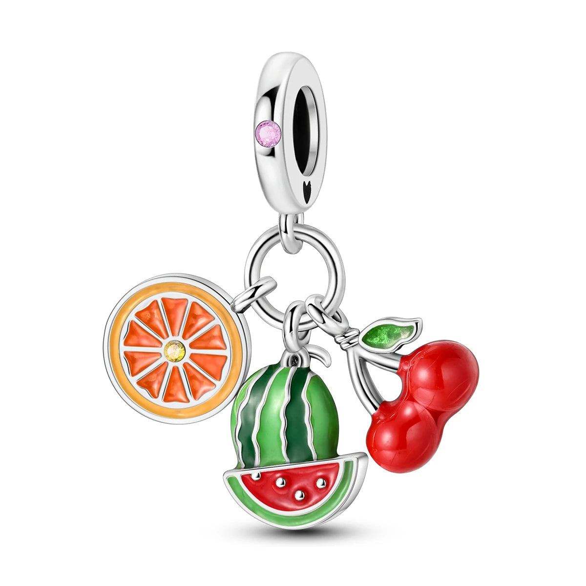 A set of fruit charm beads made of 925 sterling silver with zircon stones, including a citrus slice, a lime, and a cherry.