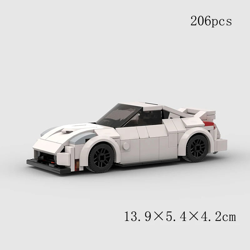A white classic rally car building block model with a black roof and wheels.