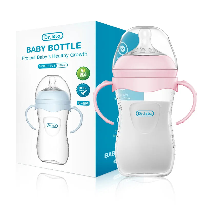 Dr. Isla baby bottle in clear and pink colors with a handle, packaged for healthy growth.