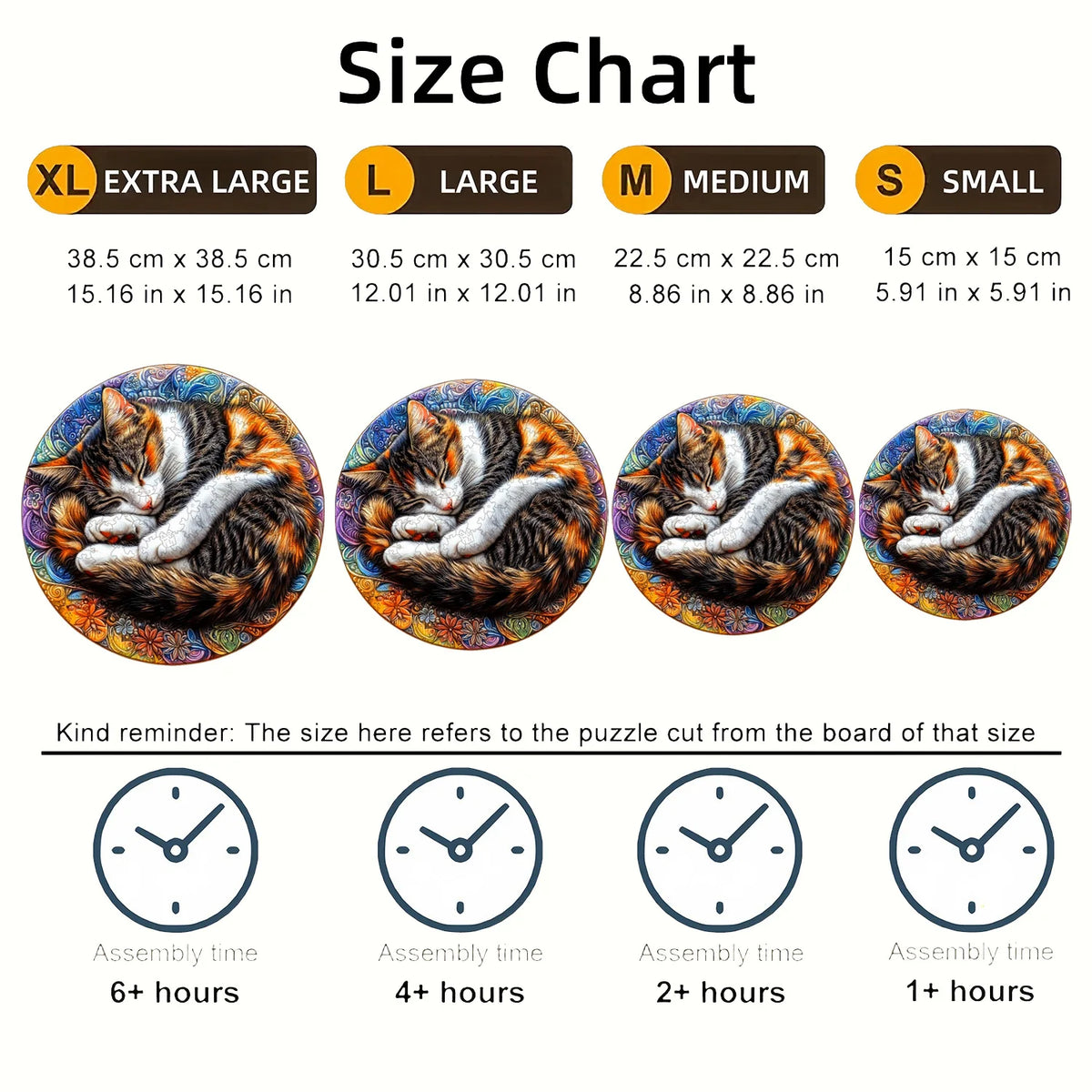 Size chart and examples of animal wooden jigsaw puzzles in various sizes from extra large to small