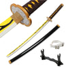 A Demon Slayer anime katana sword with a gold hilt and black sheath is shown alongside its detached blade.