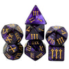A set of seven elegant polyhedral dice featuring a deep purple color and gold Roman numerals for tabletop role-playing games