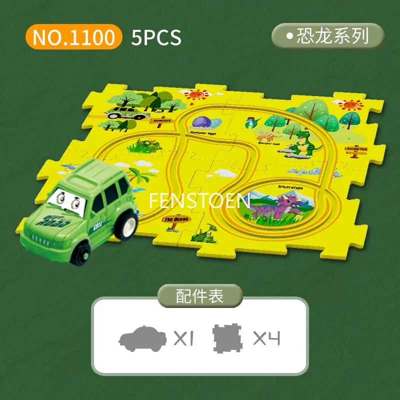 A yellow puzzle depicting a scenic route with various landmarks and a green electric vehicle model.